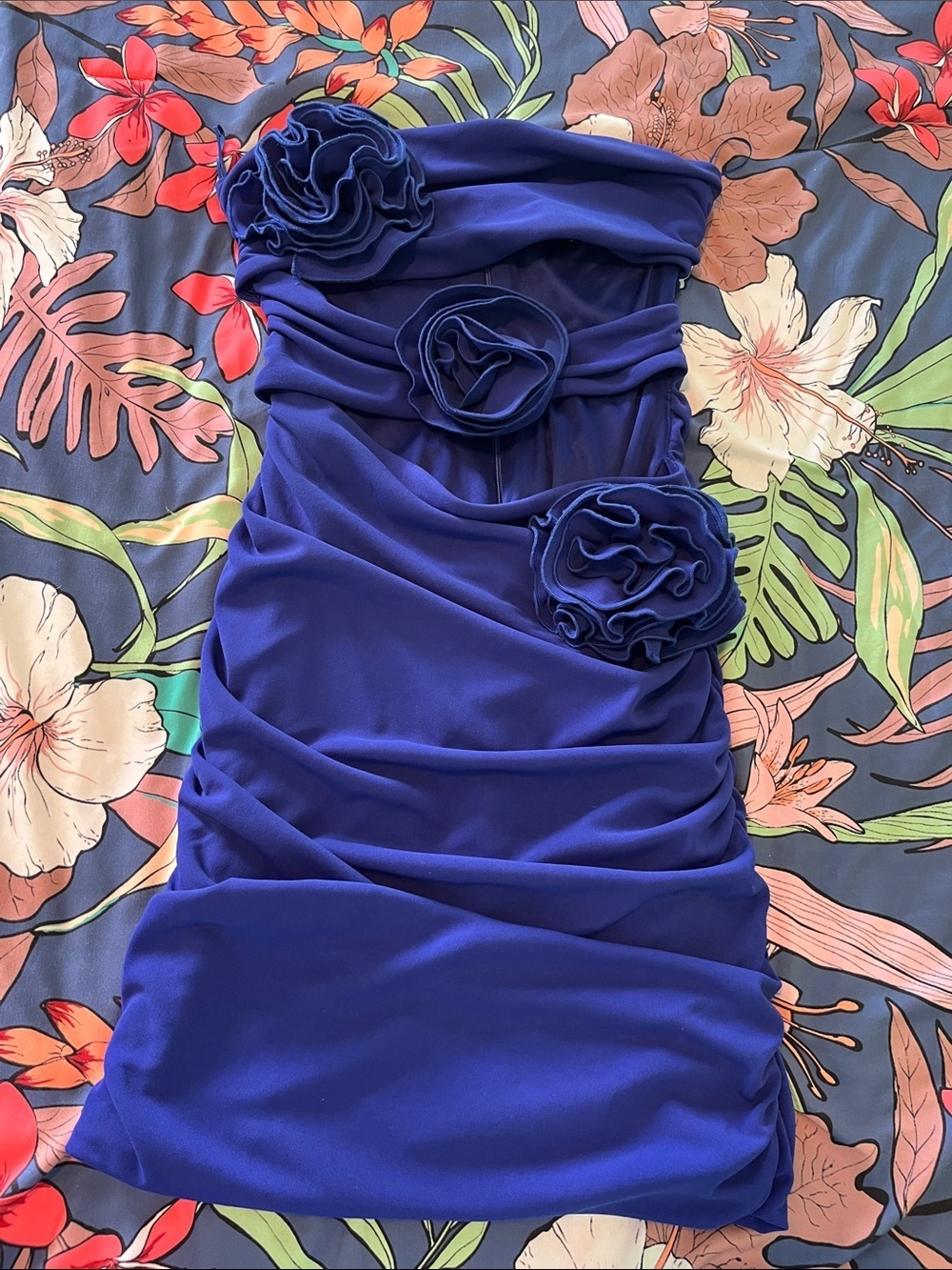 Zara cut out ruched dress with rose appliqués royal blue new